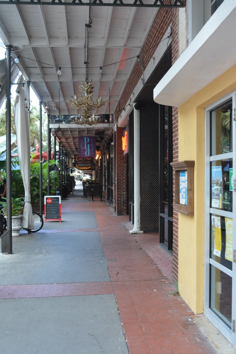 A covered sidewalk and storefronts on Central Avenue between 2nd and 3rd
