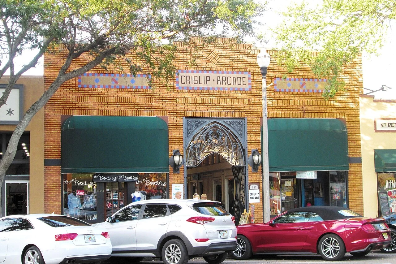 Yellow brick frontage of Crislip Arcade on Central Avenue, St. Petersburg, Florida